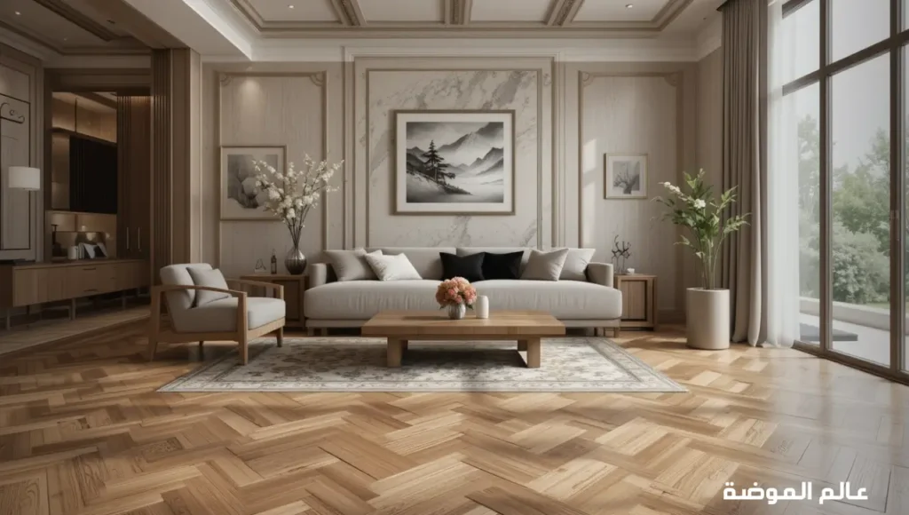تصميم ديكور خشب للأرضيات باستخدام الباركيه بنقوش هندسية أنيقة ولمسة دافئة أرضية باركيه خشبية بتصميم أنيق يضفي دفئًا على الديكور الداخلي