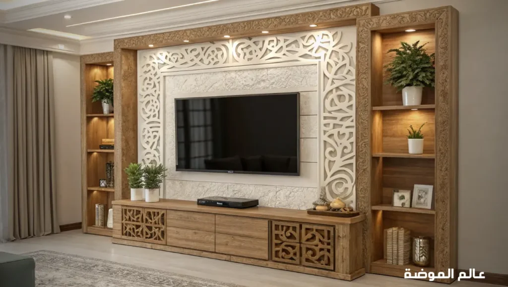 ديكور شاشة خشب بتصميم مودرن يدمج بين الأناقة والدفء الطبيعي ديكور شاشة بتصميم خشبي أنيق