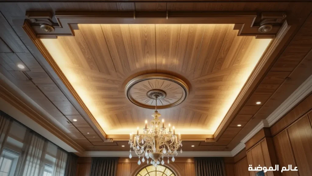 ديكور خشب للسقف: أفكار وتصاميم راقية لسقف خشبي يضيف لمسة فخامة ودفء إلى منزلك تصميم سقف خشبي أنيق يضفي دفئًا ولمسة طبيعية على ديكور المنزل
