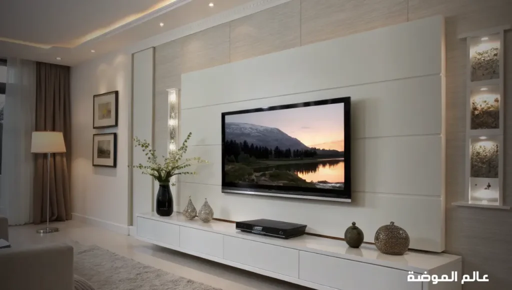 ديكور شاشة بلازما مودرن مع إضاءة خفية وتصميم جداري أنيق وعصري أفكار ديكور شاشة بلازما مودرن لتجديد غرفة المعيشة