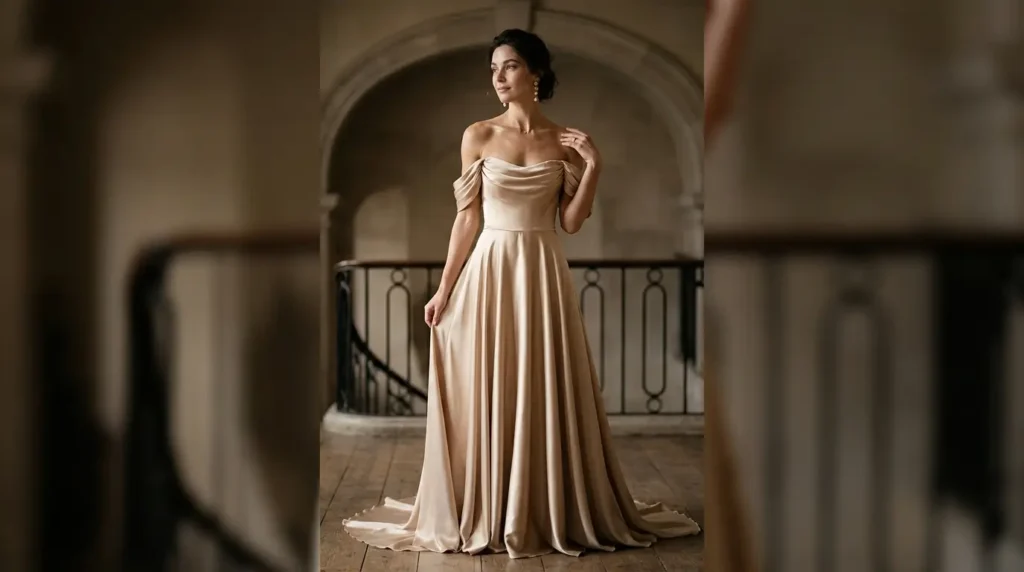 فساتين أوف شولدر بإطلالة رومانسية أنيقة فستان أوف شولدر أنيق يبرز الكتفين بشكل ناعم