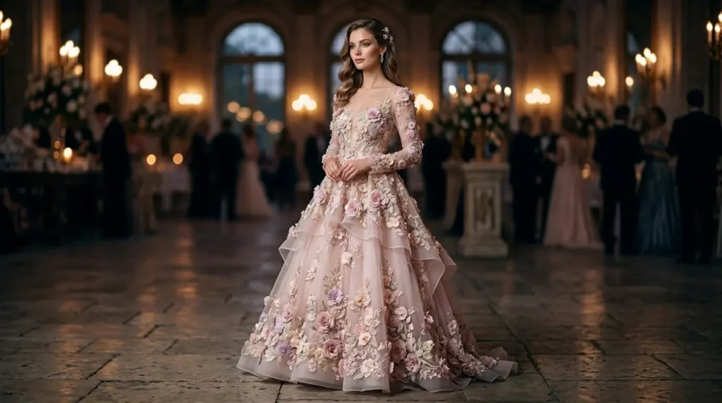 أجمل فساتين بتطريز ثلاثي الأبعاد بإطلالة ناعمة فستان بتطريز ثلاثي الأبعاد بتصميم ناعم وفخم