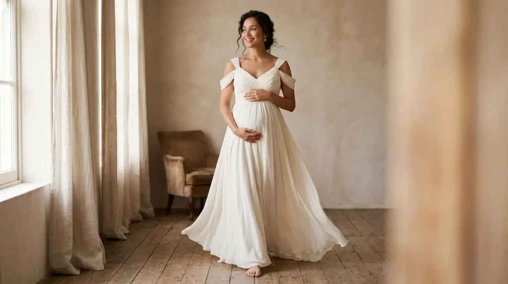 فساتين سهرة حوامل بإطلالة ناعمة ومريحة فستان سهرة للحامل بتصميم مريح وأنيق