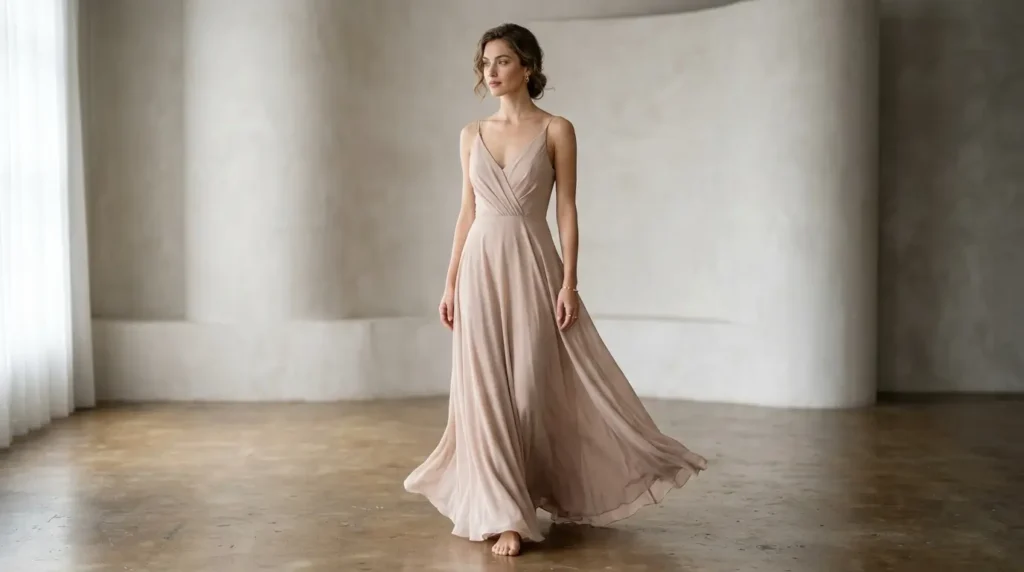 فساتين سهرة ناعمة بإطلالة هادئة وأنيقة فستان سهرة ناعم بتصميم بسيط ولمسة أنثوية راقية