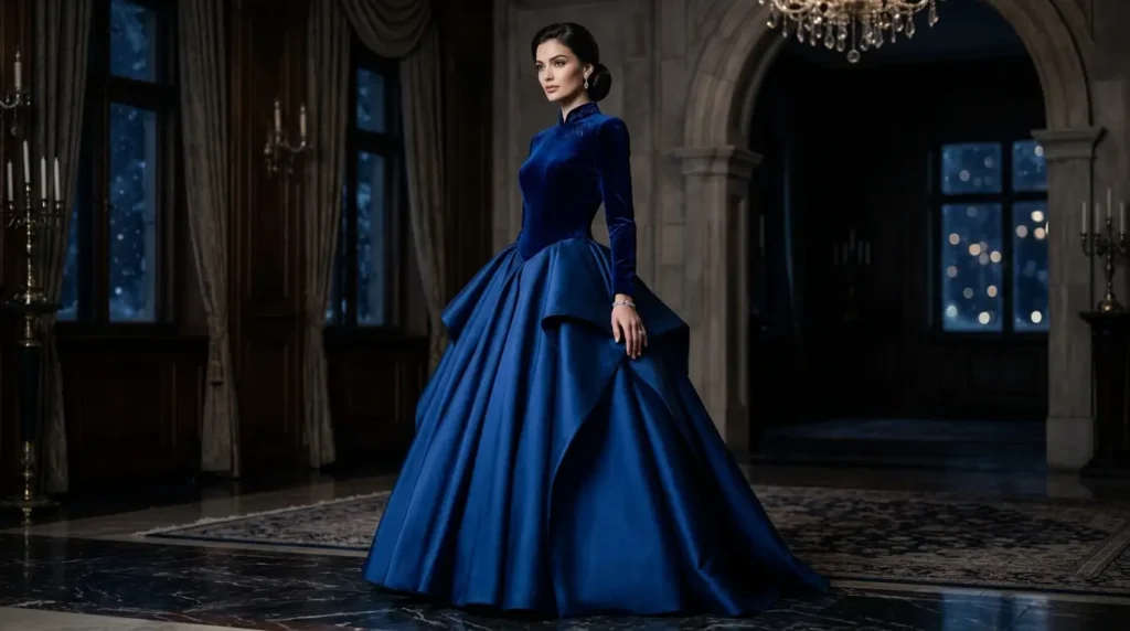 فساتين مخمل وميكادو بإطلالة راقية وفخمة فستان مخمل وميكادو أنيق بإطلالة دافئة وفخمة