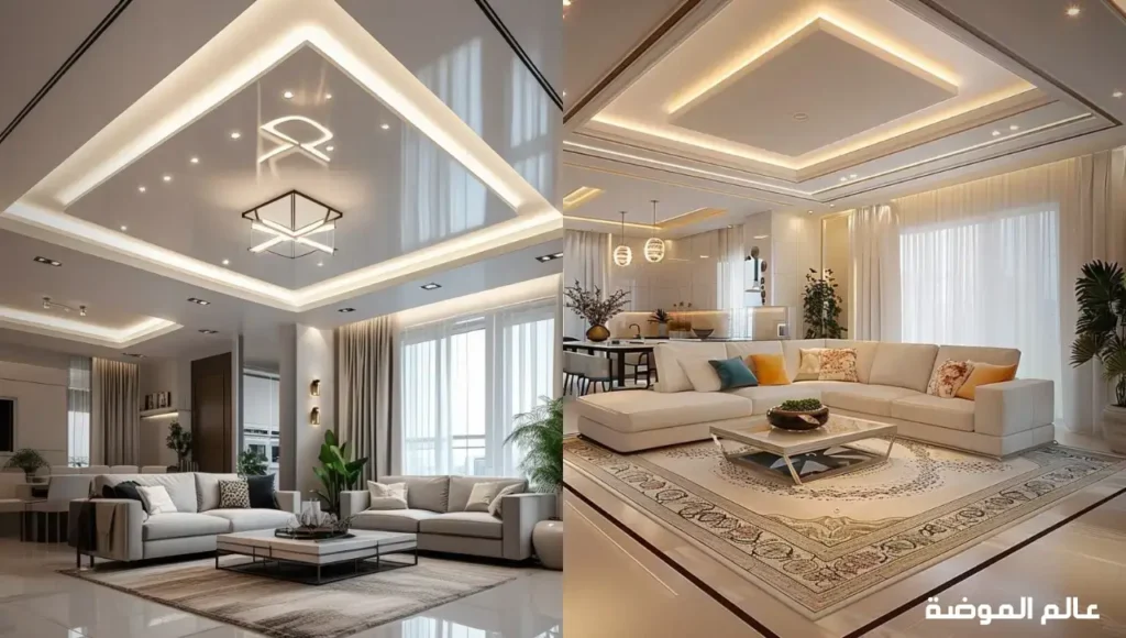 تصميم أسقف جبس بورد بسيط مع إضاءة مخفية يمنح الغرفة أجواءً دافئة وعصرية أسقف جبس بورد أنيقة مع إضاءة LED مخفية