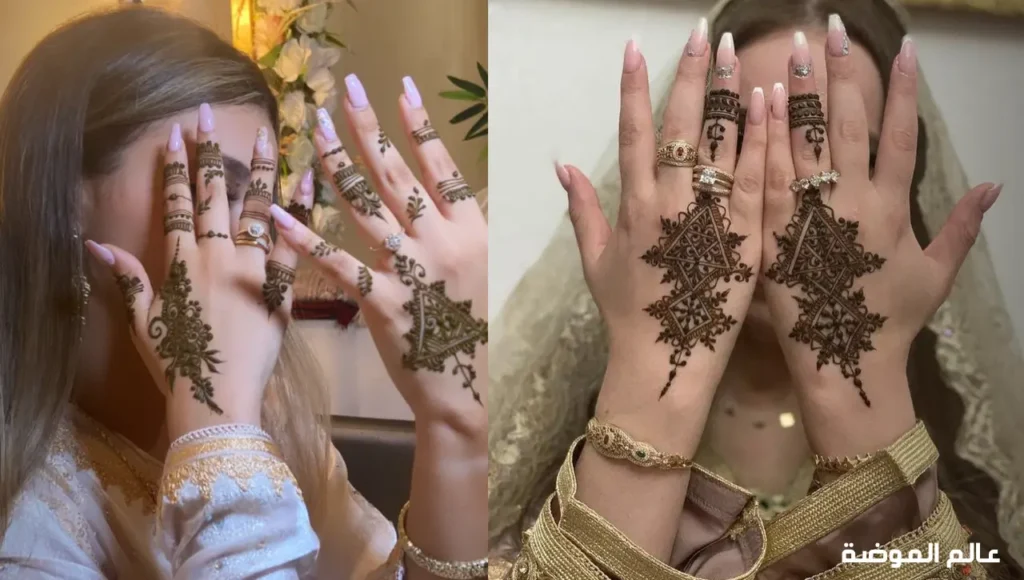 حناء مغربية نقش حناء تراثي أصيل يجمع بين البساطة والجمال بلون بني محمر يناسب العروس والمناسبات نقش حناء مغربي تقليدي على اليدين