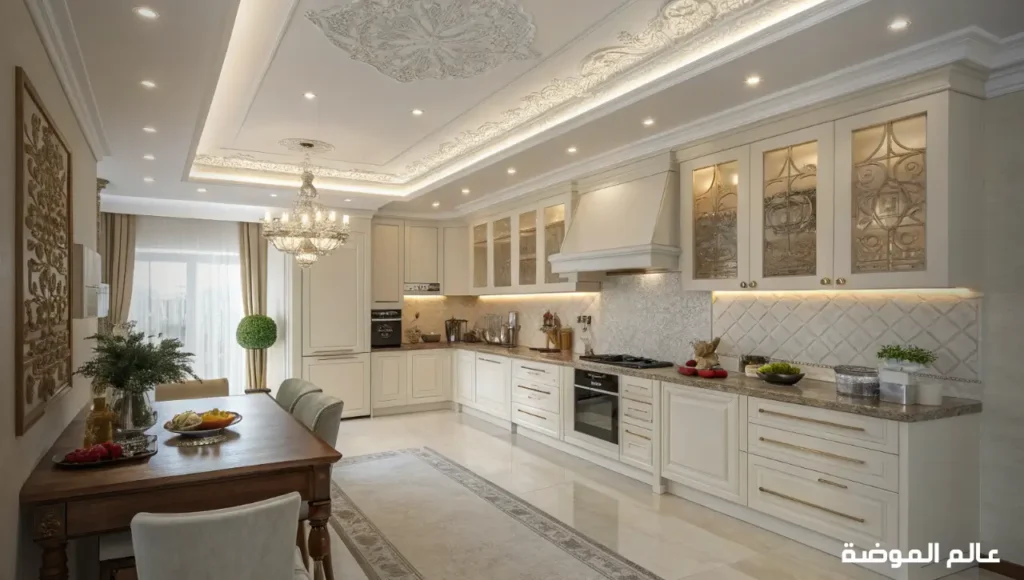 مطبخ عصري بسقف جبسي مقاوم للرطوبة مع إضاءة LED مخفية فوق الخزائن. ديكورات جبس بسيطة وجميلة لمطابخ مع أسقف مقاومة للرطوبة