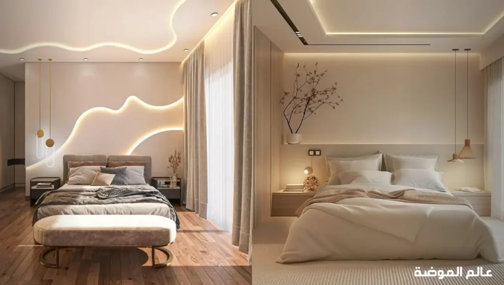 تصميم جبس جدار غرفة النوم مع رأسية سرير أنيقة تضيف لمسة رومانسية وعصرية رأسية سرير جبسية مستقيمة مع إضاءة جانبية
