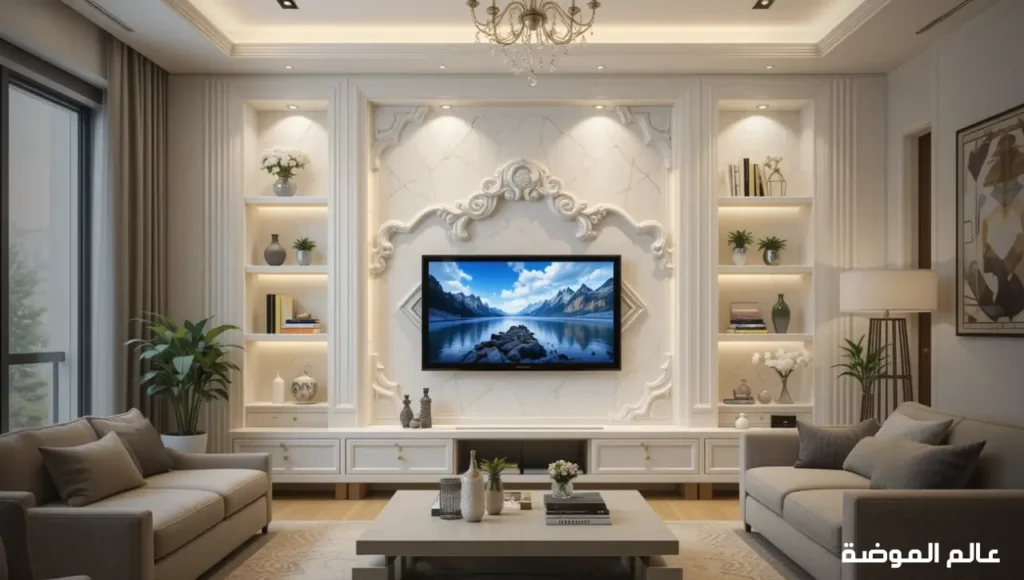 إطار جبسي حول التلفاز مع أرفف جانبية وإضاءة LED لإدماج الشاشة في التصميم. ديكورات جبس بسيطة وجميلة لشاشات التلفاز بإطار وأرفف LED