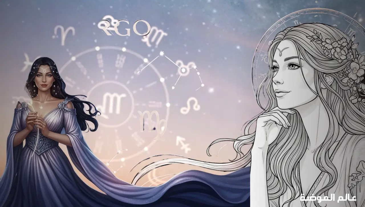 امرأة أنيقة تمثل برج العذراء مع النجوم والخلفية