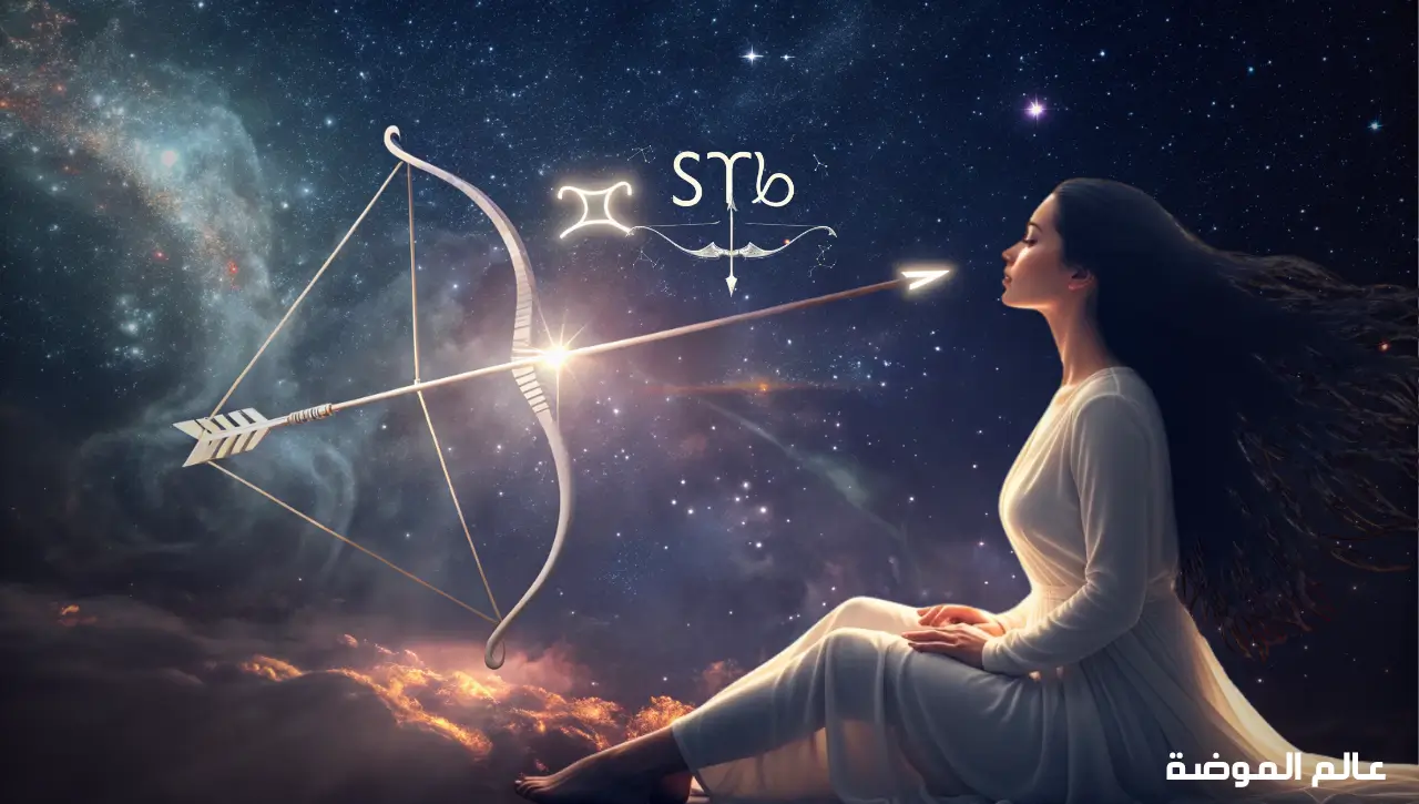 رمز برج القوس يلمع في خلفية فلكية جميلة مع قوس وسهم متألقين يرمزان للطموح والإصرار تحت سماء مرصعة بالنجوم