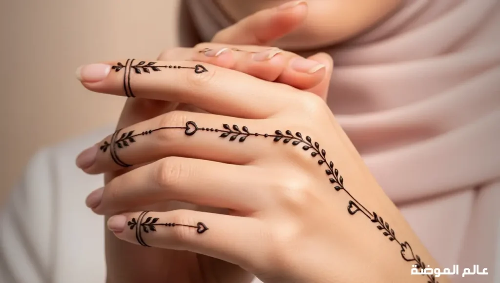 نقش حناء إماراتي ناعم يبرز الرقة والجمال الطبيعي يد أنثوية مزينة بنقش حناء إماراتي ناعم وبسيط