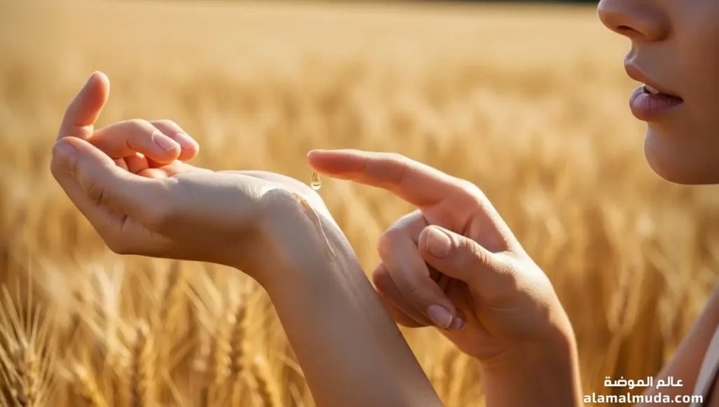 امرأة تختبر زيت جنين القمح وخلفها شجرة قمح ذهبية