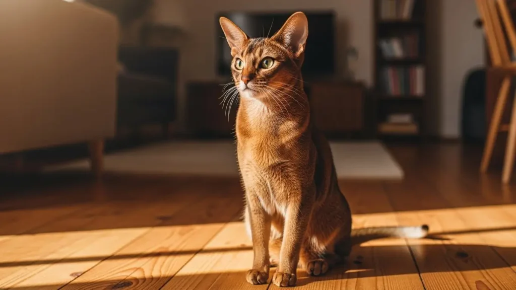 القط الأبيسيني Abyssinian Cat: نشيط وذكي مثالي لعشاق المغامرة انواع القطط: دليل كامل لأجمل سلالات القطط-القط الأبيسيني Abyssinian Cat بفراء بني محمر لامع ونشيط