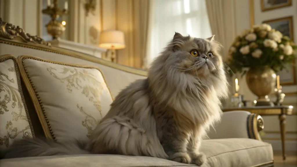 القط الفارسي Persian Cat رمز الفخامة وجمال القطط المنزلية قط فارسي فاخر بفراء طويل يجلس بأناقة داخل منزل جميل