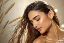 امرأة تستخدم زيت جنين القمح للعناية بالبشرة والشعر