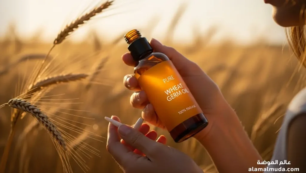 امرأة تفحص زيت جنين القمح الأصلي أمام شجرة قمح