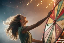 امرأة جميلة تدور عجلة حظ ملونة ومبهجة