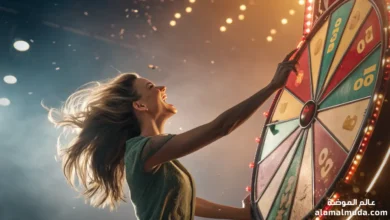 امرأة جميلة تدور عجلة حظ ملونة ومبهجة