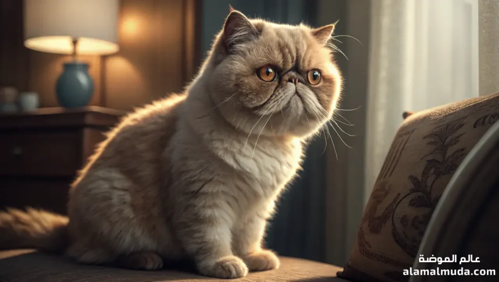 قط إكزوتيك شورت هير الفاخر بوجهه المسطح وفرائه القصير الكثيف انواع القطط: دليل كامل لأجمل سلالات القطط-قط إكزوتيك شورت هير بوجه مسطح وعيون مستديرة كبيرة