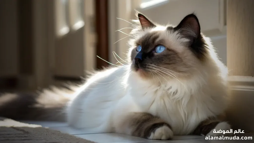 قط بيرمي Birman الهادئ والحنون بفرائه الطويل وعيونه الزرقاء انواع القطط: دليل كامل لأجمل سلالات القطط-قط بيرمي بعيون زرقاء وفراء ناعم طويل مع نقاط داكنة