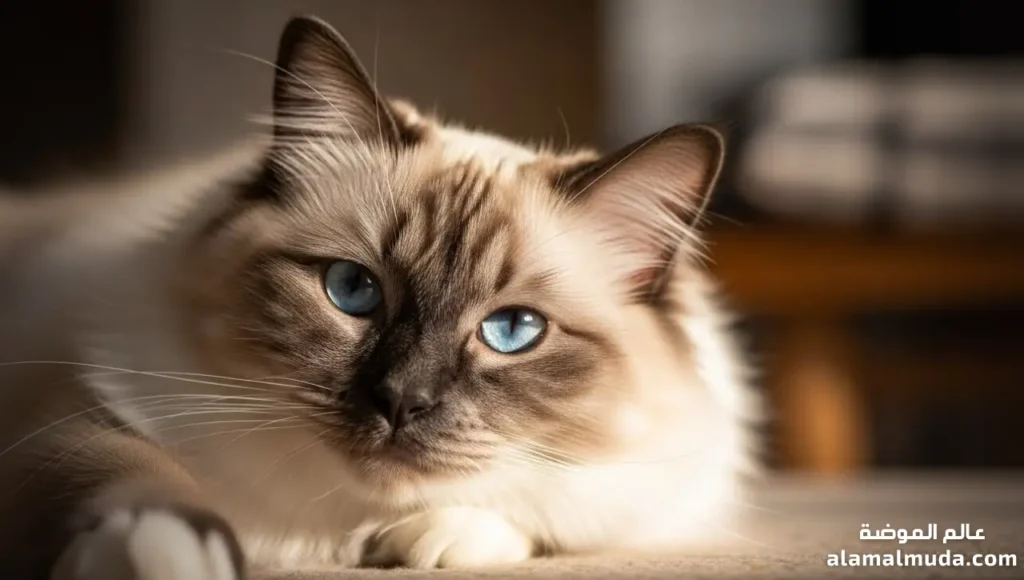 قط راغدول Ragdoll الهادئ والحنون رفيق العائلات المحبة انواع القطط: دليل كامل لأجمل سلالات القطط-قط راغدول بعيون زرقاء يستلقي بهدوء بفراء ناعم طويل