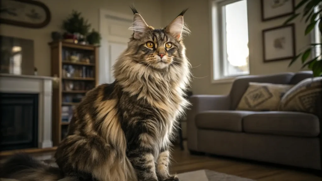 قط مين كون Maine Coon العملاق الودود ورفيق العائلة المثالي انواع القطط: دليل كامل لأجمل سلالات القطط-قط مين كون كبير بفراء كثيف وأذنين بشعر طويل