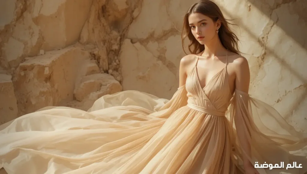 ألوان الطبيعة العصرية تهيمن على موضة الفساتين 2026 فستان عصري بألوان ترابية دافئة بإشراقة حديثة