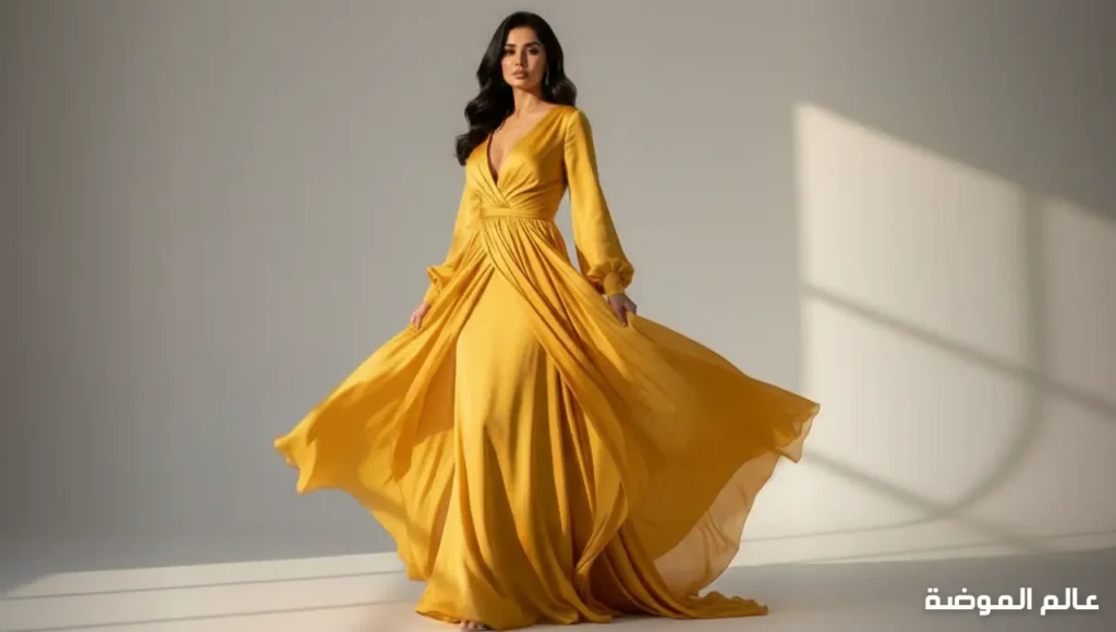 ألوان فساتين الأصفر الزبدي والذهبي لمناسبات النهار فستان أصفر زبدي طويل بإطلالة صيفية أنيقة