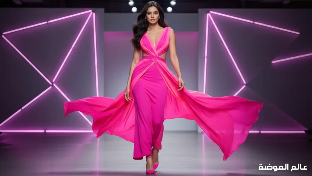 ألوان فساتين الوردي النيون للسهرات والفعاليات فستان وردي نيون زاهي بإطلالة شبابية عصرية