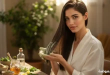 سيدة تطبق وصفات لتنعيم الشعر الطبيعي واللامع