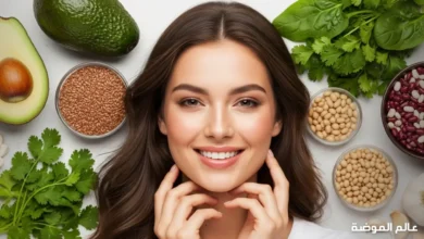 امرأة جميلة مع اطعمة طبيعية لزيادة الكولاجين