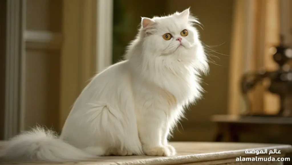 قط شيرازي أبيض بفرو طويل ناعم وملامح ملكية