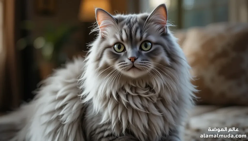 قط شيرازي فضي مظلل بفرو طويل وملامح ملكية