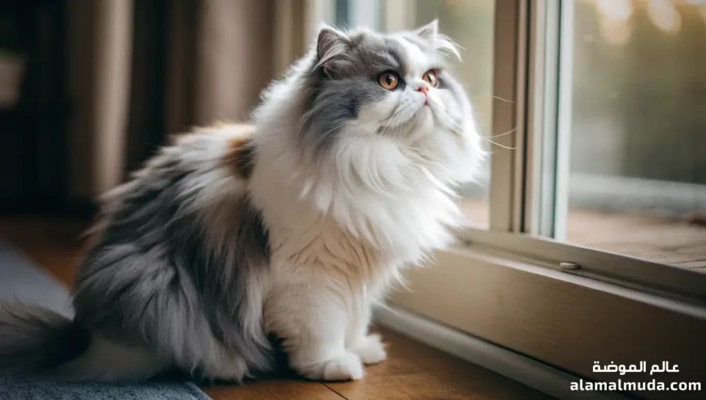 قط شيرازي ثنائي اللون بفرو طويل ومظهر أنيق