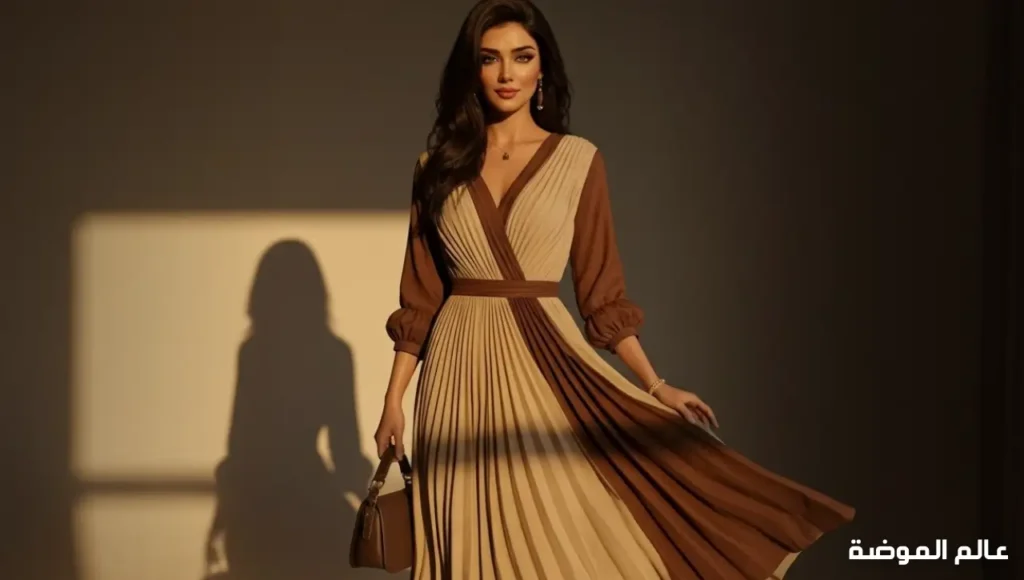 فستان بيج وموكا بتفاصيل فاخرة فستان بيج وموكا يظهر الأناقة