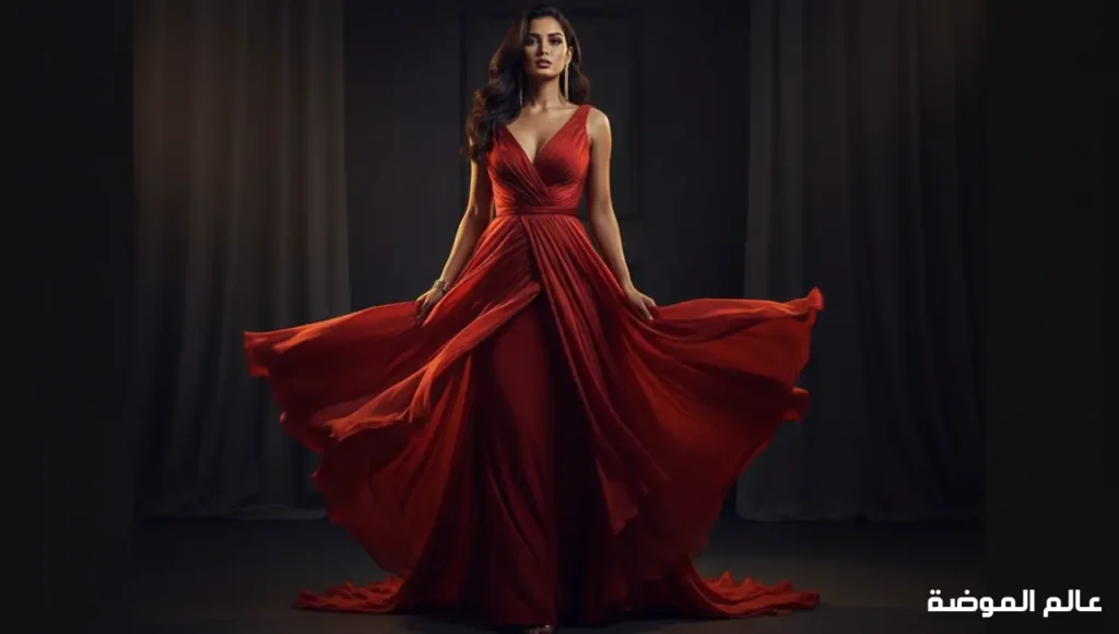 ألوان فساتين الأحمر الناري والبابريكي للسهرات الراقية فستان أحمر ناري طويل بإطلالة فاخرة