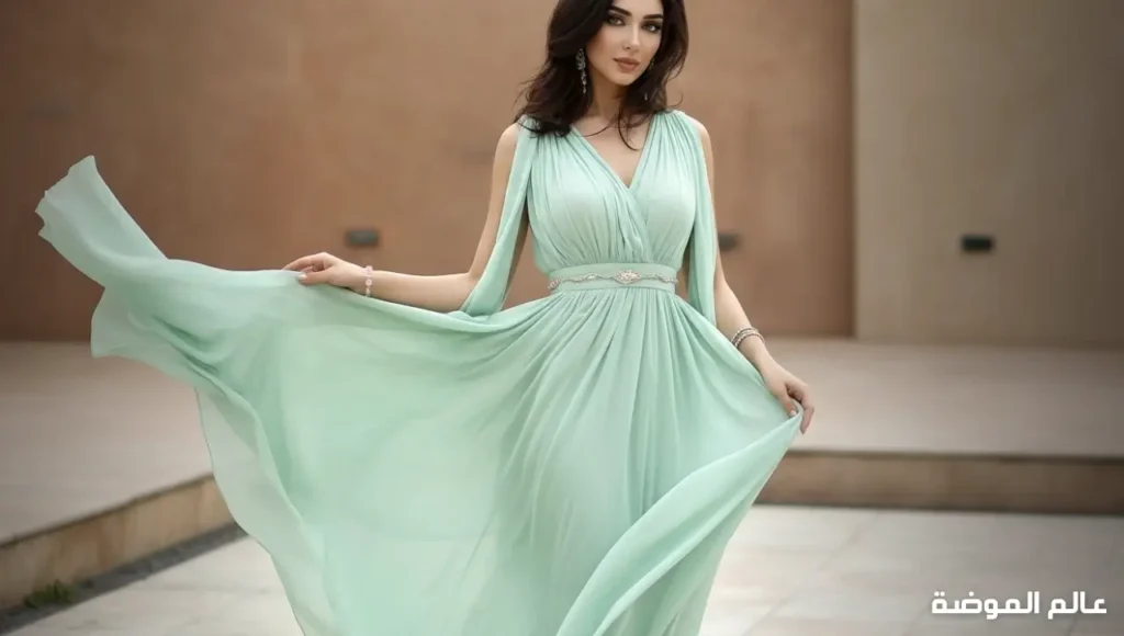 ألوان الأخضر الباستيلي والترابي تضيف رقة وهدوء فستان أخضر باستيلي كامل لإطلالة هادئة وأنيقة
