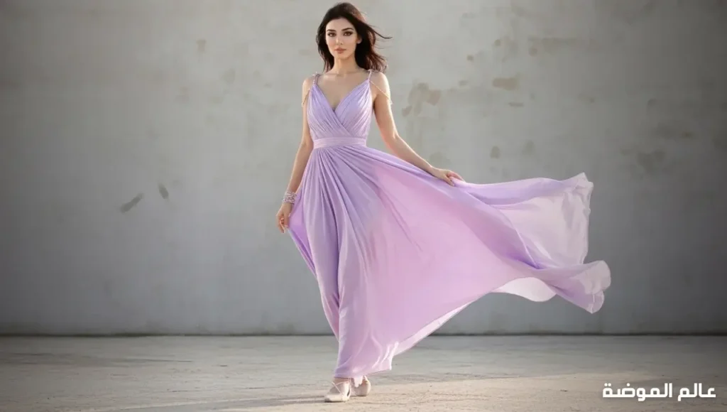 ألوان البنفسجي الباستيلي واللافندر تضيف رقة وغموض 2026 الوان فساتين: فستان بنفسجي باستيلي كامل أنيق