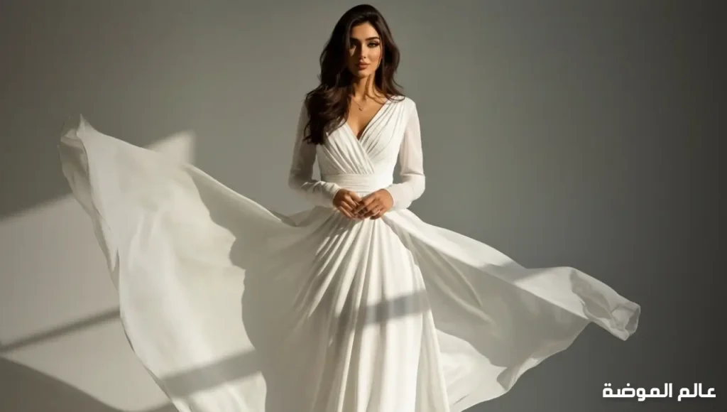 ألوان فساتين 2026: فستان أبيض كامل يظهر أناقته ألوان فساتين: فستان أبيض كامل يظهر التفاصيل