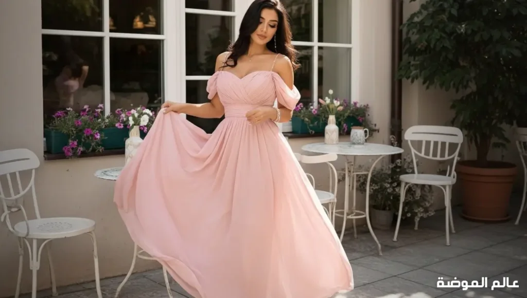 ألوان الوردي الفاتح تضيف رقة وأنوثة فستان وردي فاتح كامل لإطلالة ناعمة أنثوية