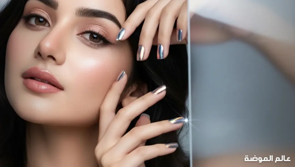 أظافر فضية معدنية ولمسات هولوغرافيك