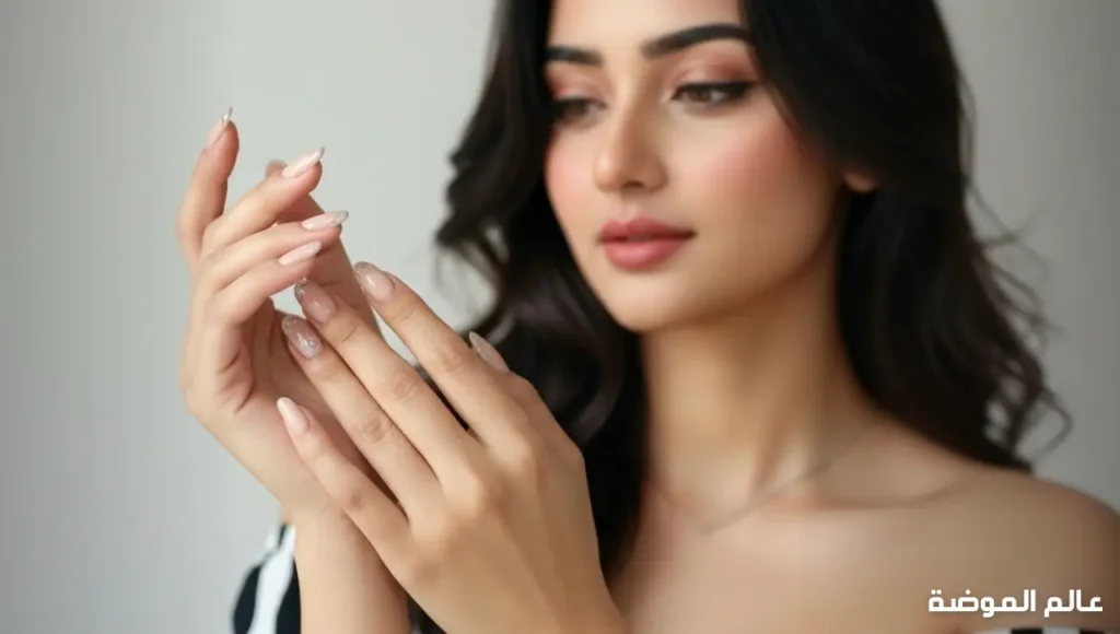 أظافر بالبيج واللون المحايد على يد امرأة أنيقة