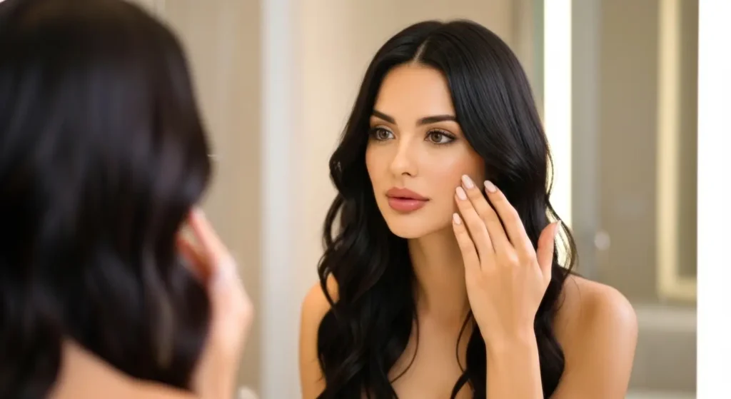امرأة جميلة تحدد نوع بشرتها في روتين يومي