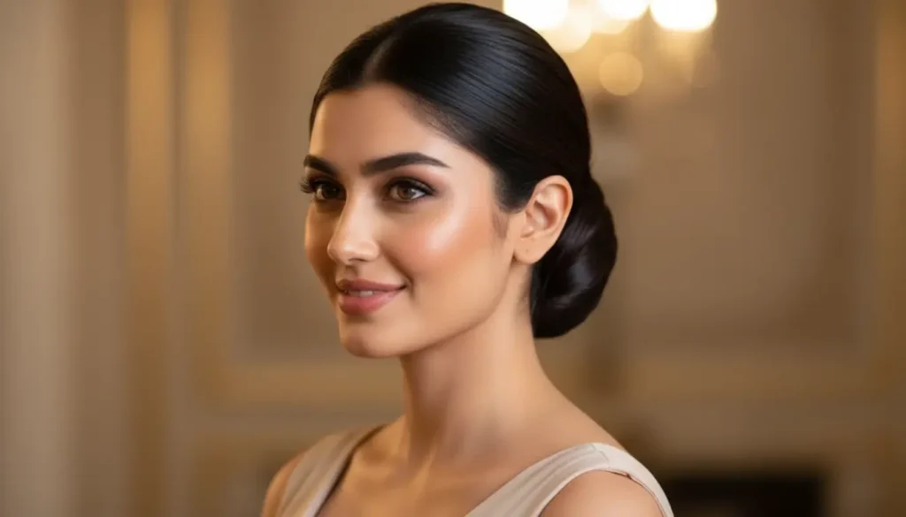 الكعكة المنخفضة الأنيقة: تسريحة فاخرة للشعر المتوسط تسريحة كعكة منخفضة ملساء للشعر المتوسط بأسلوب أنيق