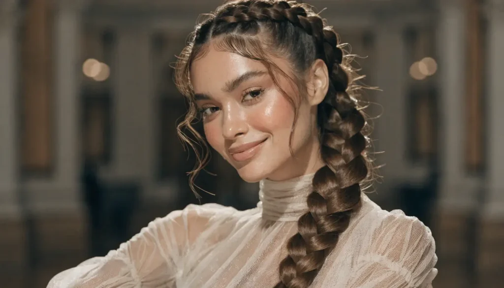 تسريحات شعر ناعمة للسهرات: الضفيرة الجانبية الواسعة تسريحات شعر ناعمة للسهرات مع الضفيرة الهولندية الجانبية