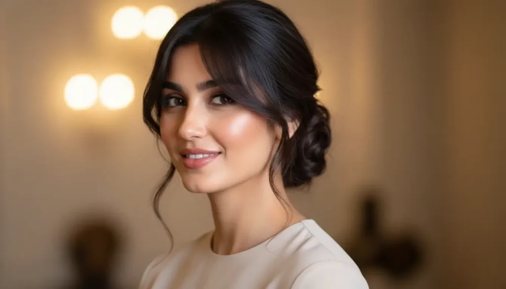 تسريحات شعر ناعمة للسهرات: الكعكة المنخفضة الفوضوية مع غرة جانبية تسريحات شعر ناعمة للسهرات مع كعكة منخفضة فوضوية وغرة جانبية