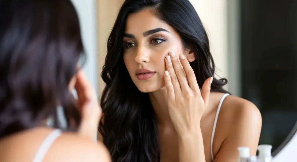 امرأة جميلة تعالج حب الشباب والتجاعيد والبقع الداكنة
