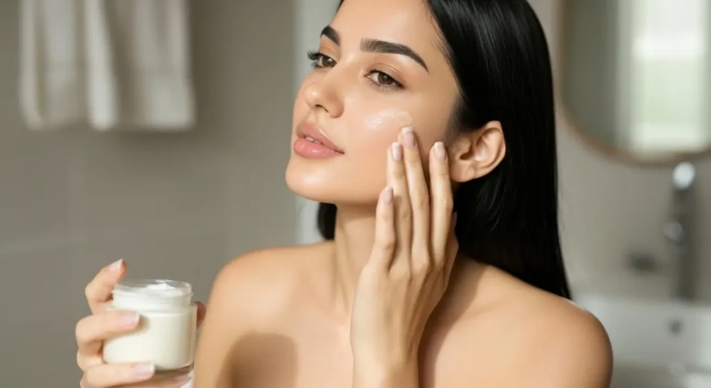 امرأة جميلة ترطب بشرتها بزيوت طبيعية ومرطب غني
